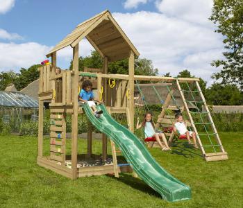 Jungle Palace | Aire de jeux en bois avec balançoires et filet d'escalade