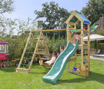 Jungle Patio | Aire de jeux en bois avec balançoires & filet d'escalade
