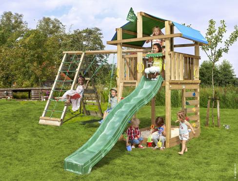 Jungle Fort | Aire de jeux en bois avec balançoires et filet d'escalade