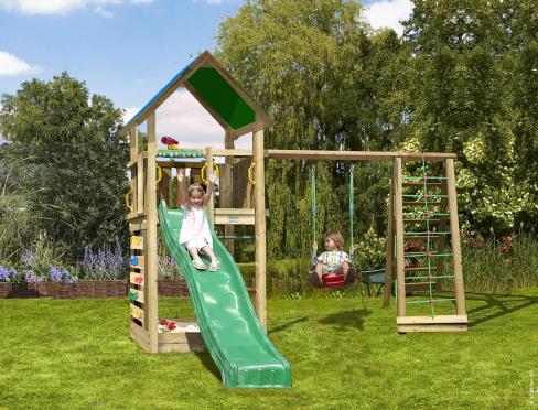 Jungle Lodge | Aire de jeux en bois avec balançoire et filet d'escalade