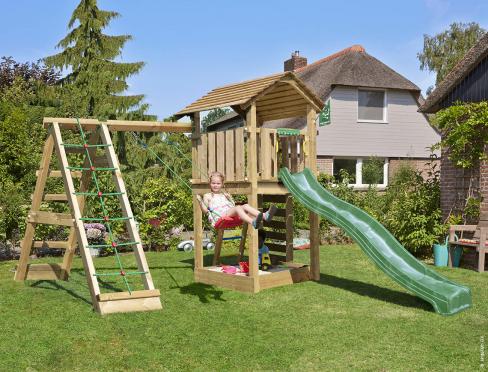 Jungle Cottage | Aire de jeux en bois avec balançoire et filet d'escalade