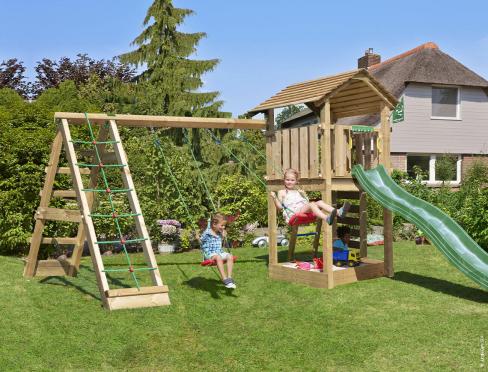 Jungle Cottage | Aire de jeux en bois avec balançoires et filet d'escalade