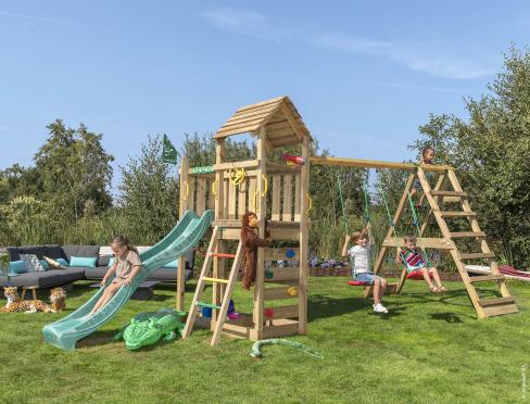 Jungle Safari | Aire de jeux en bois avec balançoires & filet d'escalade