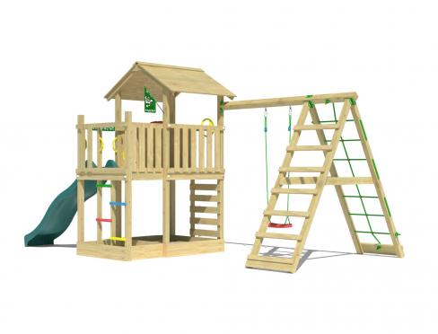 Jungle Chateau | Aire de jeux en bois avec balançoire et filet d'escalade
