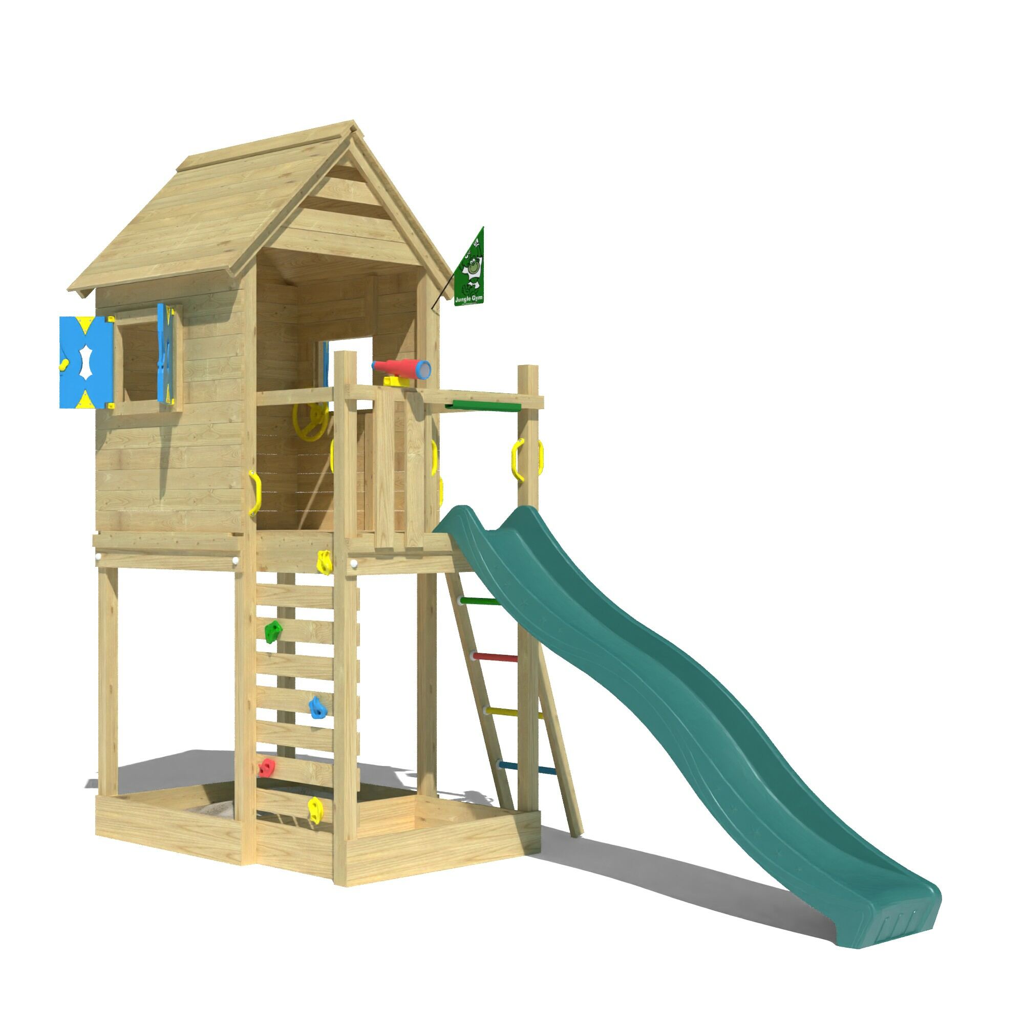 Aire de jeux en bois avec toboggan vert, échelle et maisonnette