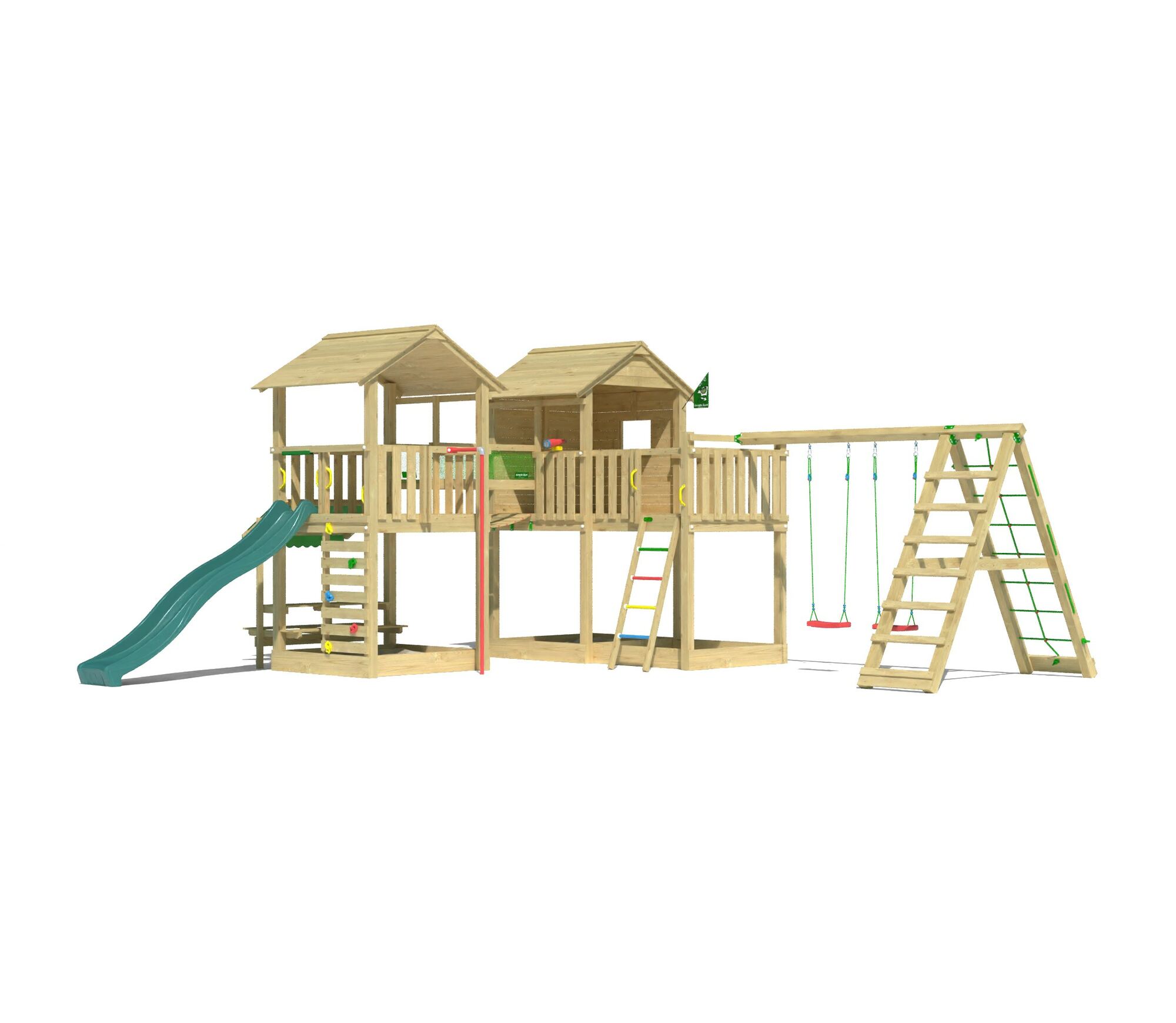 Grande aire de jeux en bois avec deux tours de jeu, toboggan, double balançoire et éléments d'escalade