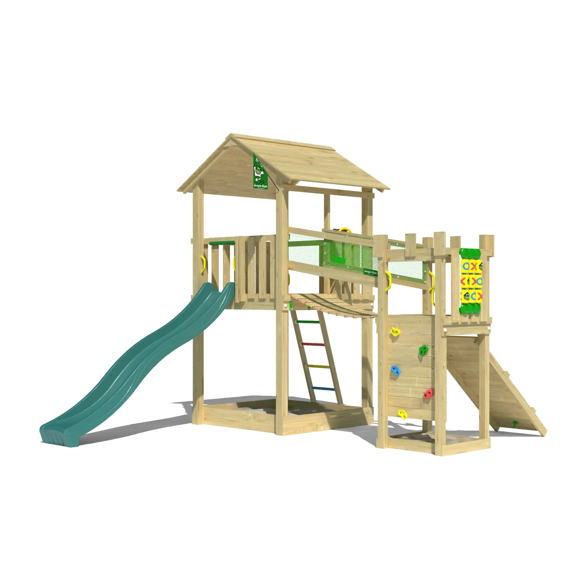 Aire de jeux en bois avec toboggan vert, mur d'escalade, échelle et pont suspendu